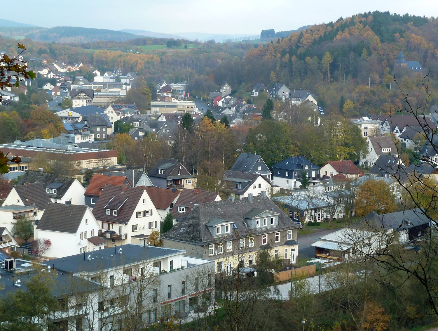 Blick von der Alten Burg auf den Ort, Bahnhof im Vordergrund